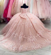 Exquisite Off-Shoulder Ball Gown with Lace Appliques & Bow Detail Pink Tulle Quinceanera Dress for Sweet 16 & Princess Birthday Parties
